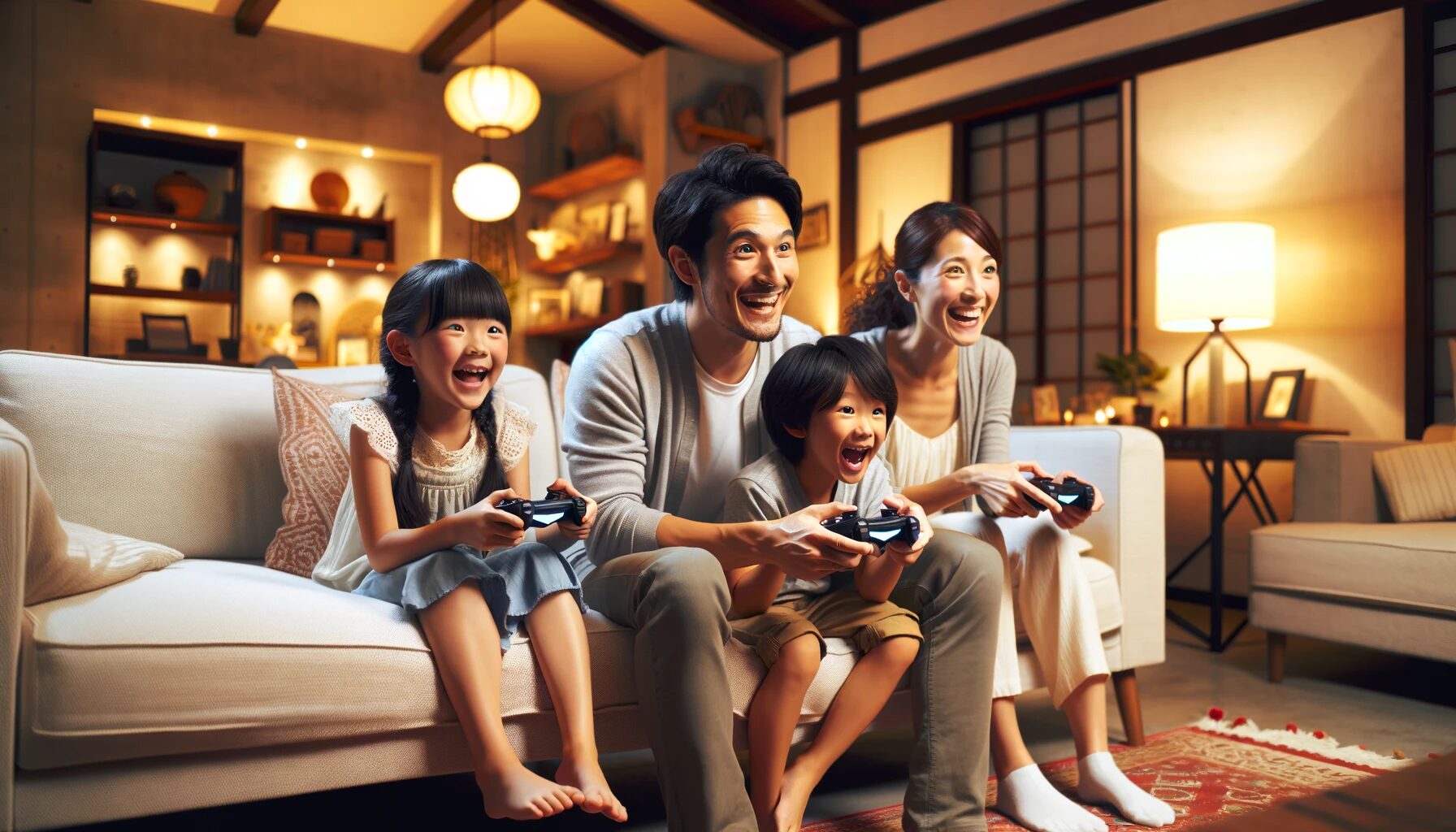 4人家族がゲームをしている風景