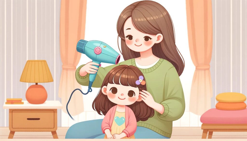 子供用ドライヤーを使って娘の髪の毛を乾かしている
