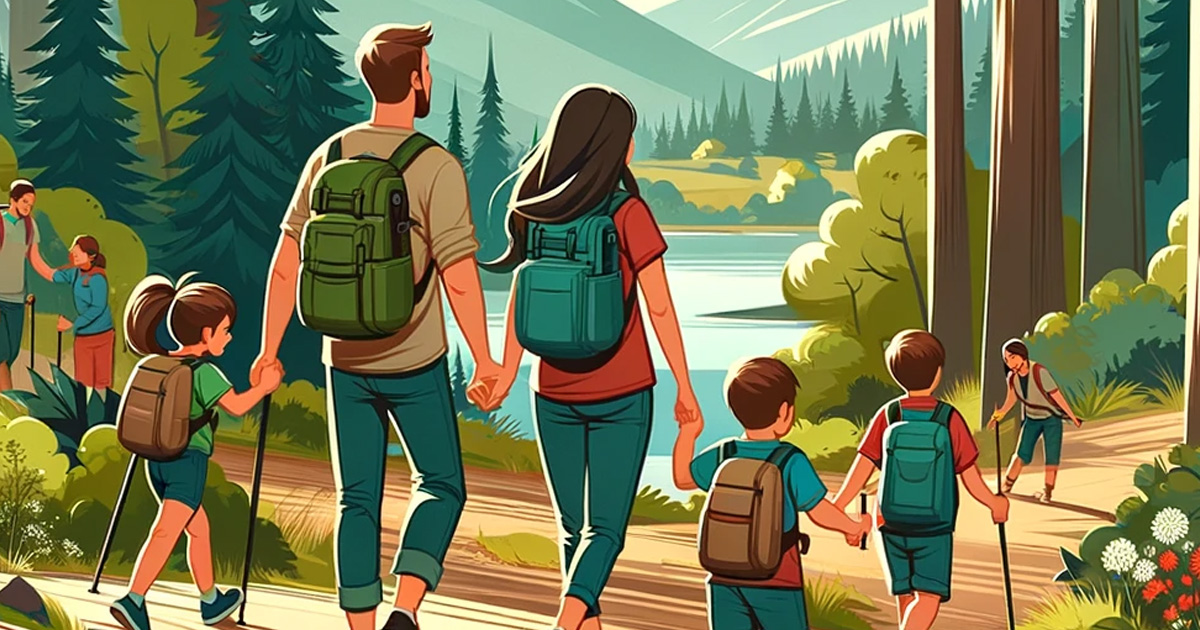 家族で手を繋いでハイキングをしている画像