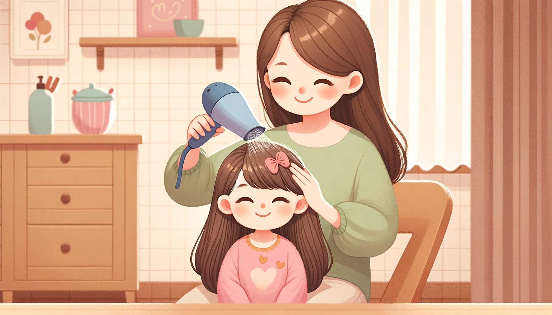 笑顔で娘の髪の毛を乾かしている